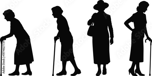 elderly women silhouettes set vector illustration senior female walking with cane old age people collection aging lifestyle character design