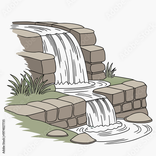 A charming cartoon illustration depicts a small tiered waterfall cascading over rocky formations into a serene pool below high quality professional detailed