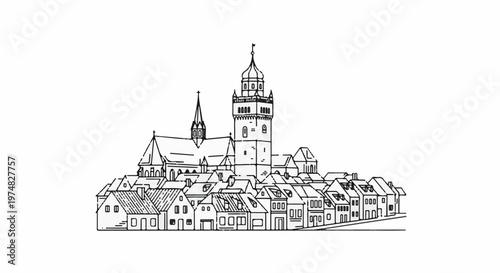 Detailed outline sketch of a European town square with varied building architecture