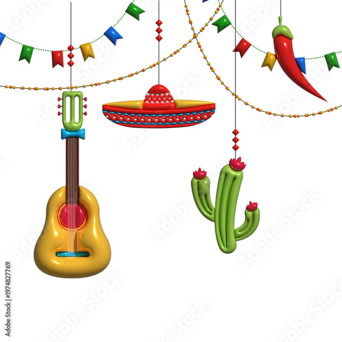 Colorful Cinco de Mayo decorations with guitar, sombrero, and cactus isolated on transparent background