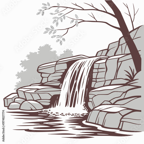 A serene grayscale illustration depicts a cascading waterfall flowing over rocky terrain into a tranquil pool of water high quality professional detailed