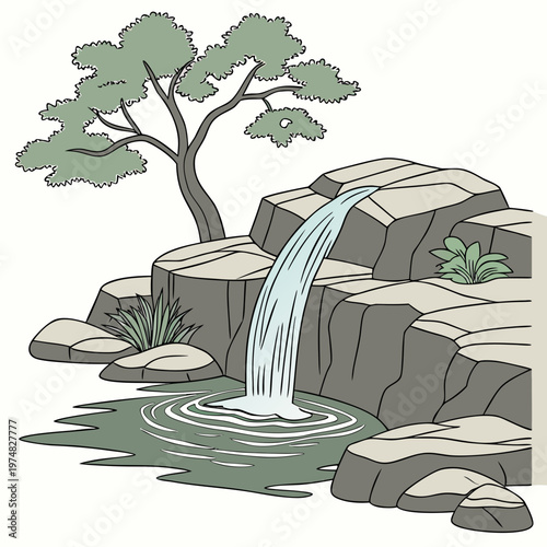 A serene illustration depicts a small waterfall cascading over layered gray rocks framed by lush green foliage and a tree high quality