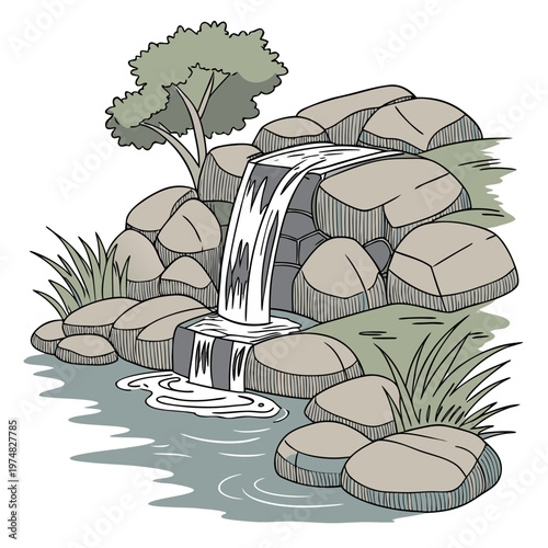 A charming illustrative depiction showcases a cascading waterfall flowing over layered rocks into a tranquil pond surrounded by lush greenery high quality