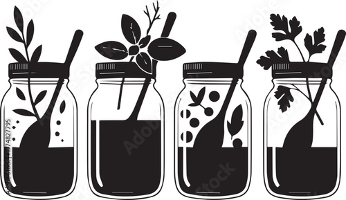 Four jars of homemade infused beverages with fresh herbs and fruits