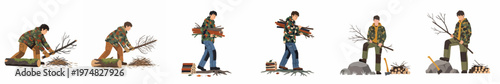 Set of flat illustrations showing a man in camouflage jacket gathering branches, carrying wood, and chopping firewood in the forest.