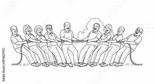 Diverse adults energetically pull on a rope in a tug-of-war competition