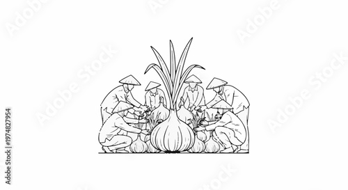 Farmers wearing conical hats harvest a giant onion and smaller ones