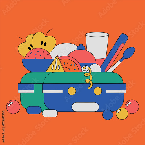 a colorful lunch box with sandwiches, fruits, juice, and drinks, clean outline style, minimal design