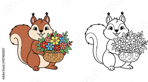  Cute Squirrel Holding Basket of Flowers Coloring Page Vector Illustration