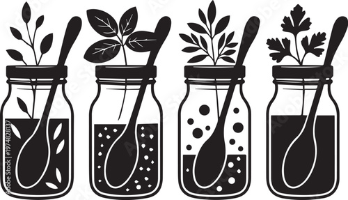 Four jars of infused herbs with wooden spoons illustrating different stages of herbal preparation