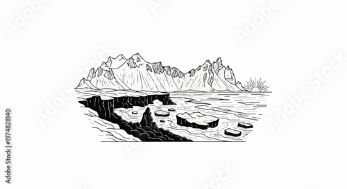 Rocky coastline with jagged mountains behind, ice floes on water, and rising sun