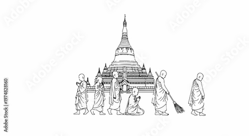Monks in procession before a tiered temple structure, one sweeping