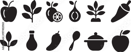 Set of flat design vector icons depicting fruits vegetables seeds and kitchen utensils for cooking recipes