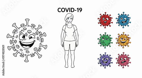 Cartoon virus with human figure and colorful virus icons