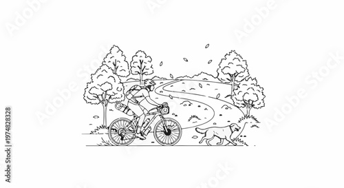 Cyclist rides on a winding path with a dog by their side, amid autumn trees