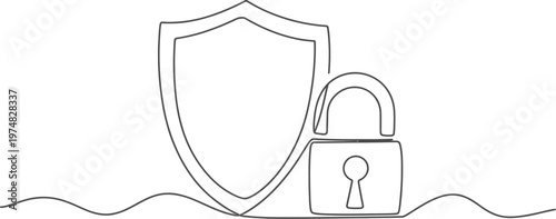 Continuous single line drawing protective shield and security padlock digital safety  minimalist modern line art vector illustration.