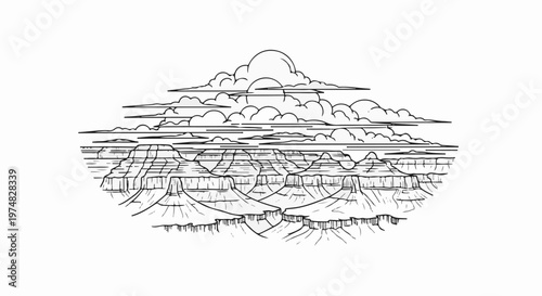 Stylized drawing of layered clouds above a vast, layered canyon landscape