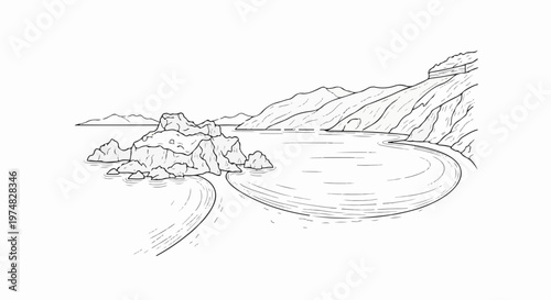 Stylized line drawing of a serene coastal cove with rocky outcroppings and distant mountains