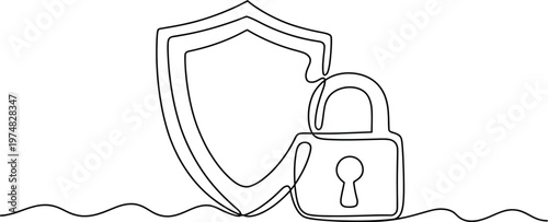 Continuous single line drawing protective shield and security padlock digital safety  minimalist modern line art vector illustration.