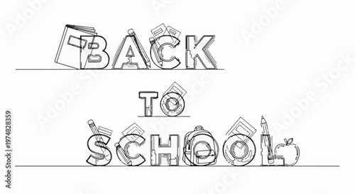 Creative typographic art depicts "Back To School" using books, pencils, and an apple