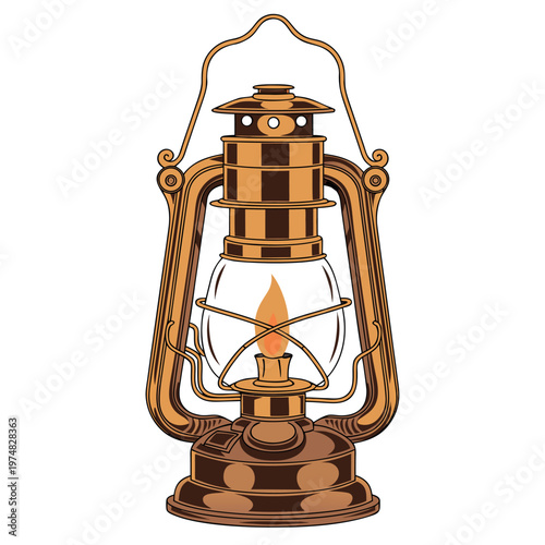 a vintage oil lantern with glowing flame, detailed metal frame, warm colors