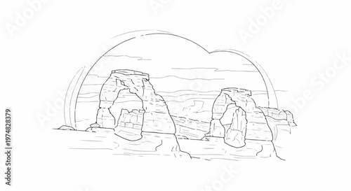 Stylized sketch of Delicate Arch and surrounding desert landscape