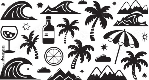 Vibrant tropical and beach-themed icon collection with various elements
