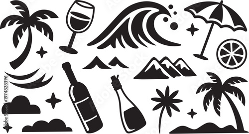 Relaxing beach and wine iconography set with tropical vibes and mountain backdrop
