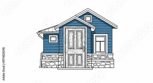 Charming blue clapboard house with stone foundation, wooden double door, and windows
