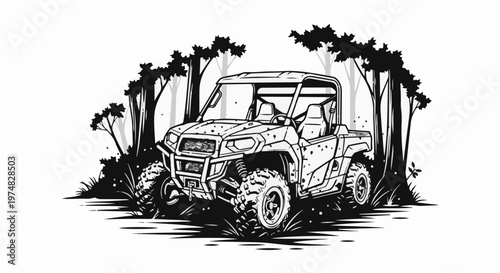 All-terrain vehicle parked amidst silhouetted trees and foliage in a monochrome illustration