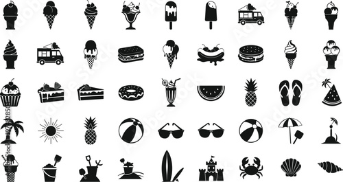 Collection of black summer icons including food, Beach and vacation symbols