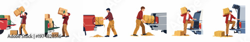 Set of vector illustrations showing a farmer or worker loading rectangular hay bales into the back of different pickup trucks for transport.
