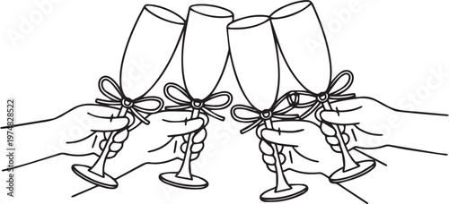 Three hands each holding a champagne glass with ribbons tied around the stems