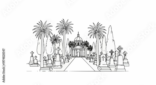 A symmetrical cemetery path leads to a domed building, flanked by palm trees