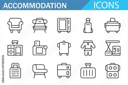 Home and hotel icons collection simple line vector furniture set