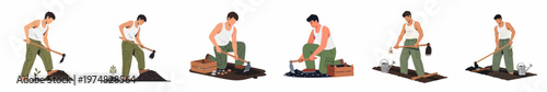 Flat vector illustrations of a man performing various agricultural tasks including tilling soil, planting, and using manual tools for gardening and farm cultivation