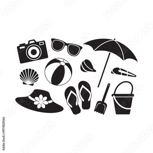Black and white summer icons depicting beach vacation essentials and accessories