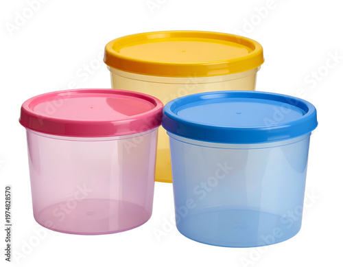 Three translucent plastic containers with colored lids