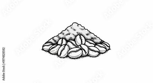 A pile of roasted coffee beans in front of a mound of ground coffee