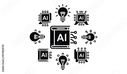 AI knowledge and digital innovation book icons flat black vector collection on white background, representing artificial intelligence learning, data science and technology education concepts.