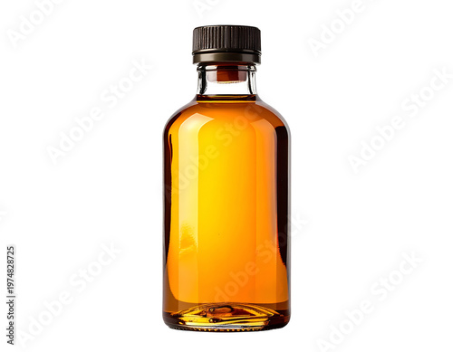 Small glass bottle filled with amber liquid, dark cap