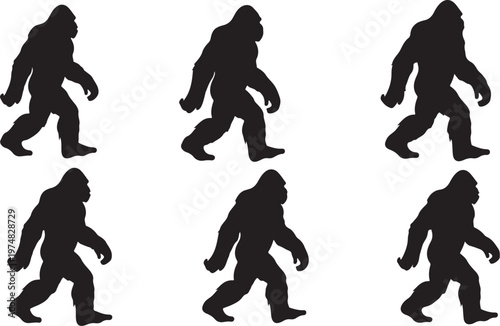 Bigfoot Silhouettes Walking in Various Poses Against White Background