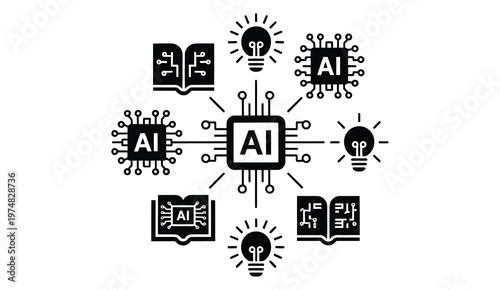 AI knowledge and digital innovation book icons flat black vector collection on white background, representing artificial intelligence learning, data science and technology education concepts.