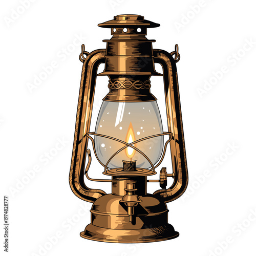 a vintage oil lantern with glowing flame, detailed metal frame, warm colors