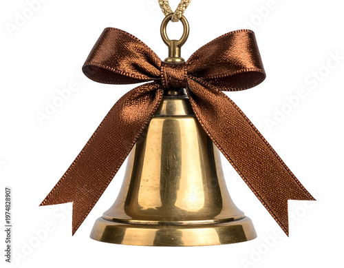 Polished brass bell adorned with a rich brown satin ribbon