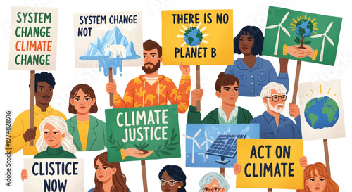 Climate change protest signs and diverse people