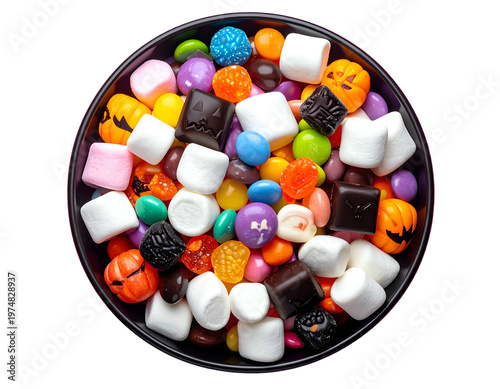 Colorful Halloween candy assortment in a dark bowl, top-down view