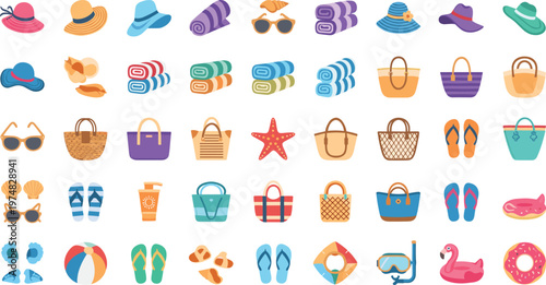 Colorful beach summer icons set with hats bags towels and accessories