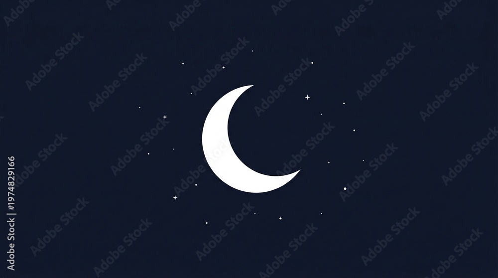 Naklejka premium Elegant minimalist illustration of a tranquil night sky, showcasing a pristine white crescent moon surrounded by subtle twinkling stars on a deep blue background, perfect for serene themes