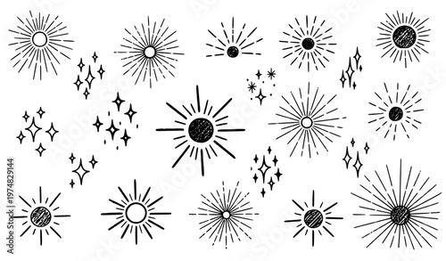 A set of black and white sun and star vector graphics icons